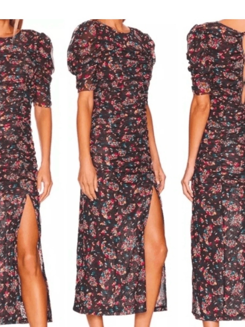 Free People Briella Ruched Mesh Midi Dress -"Twilight Combo" print, euc, sz M - Picture 5 of 16